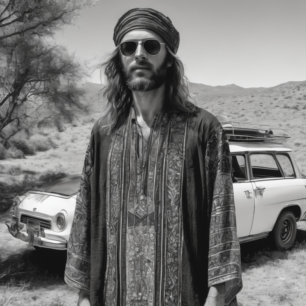 Hippie muž má na sebe dlhé, zdobené šaty. Na hlave má turban a slnečné okuliare