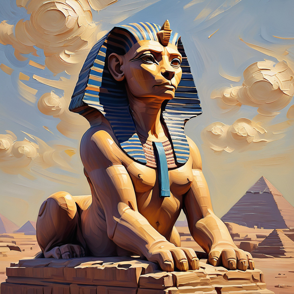Egyptská sfinga hľadí do diaľky. V pozadí sú pyramídy