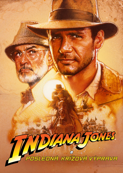Indiana Jones má na hlave klobúk a pod ním je obrázok ako jazdí na koni. V pozadí je jeho otec s klobúkom a okuliarmi