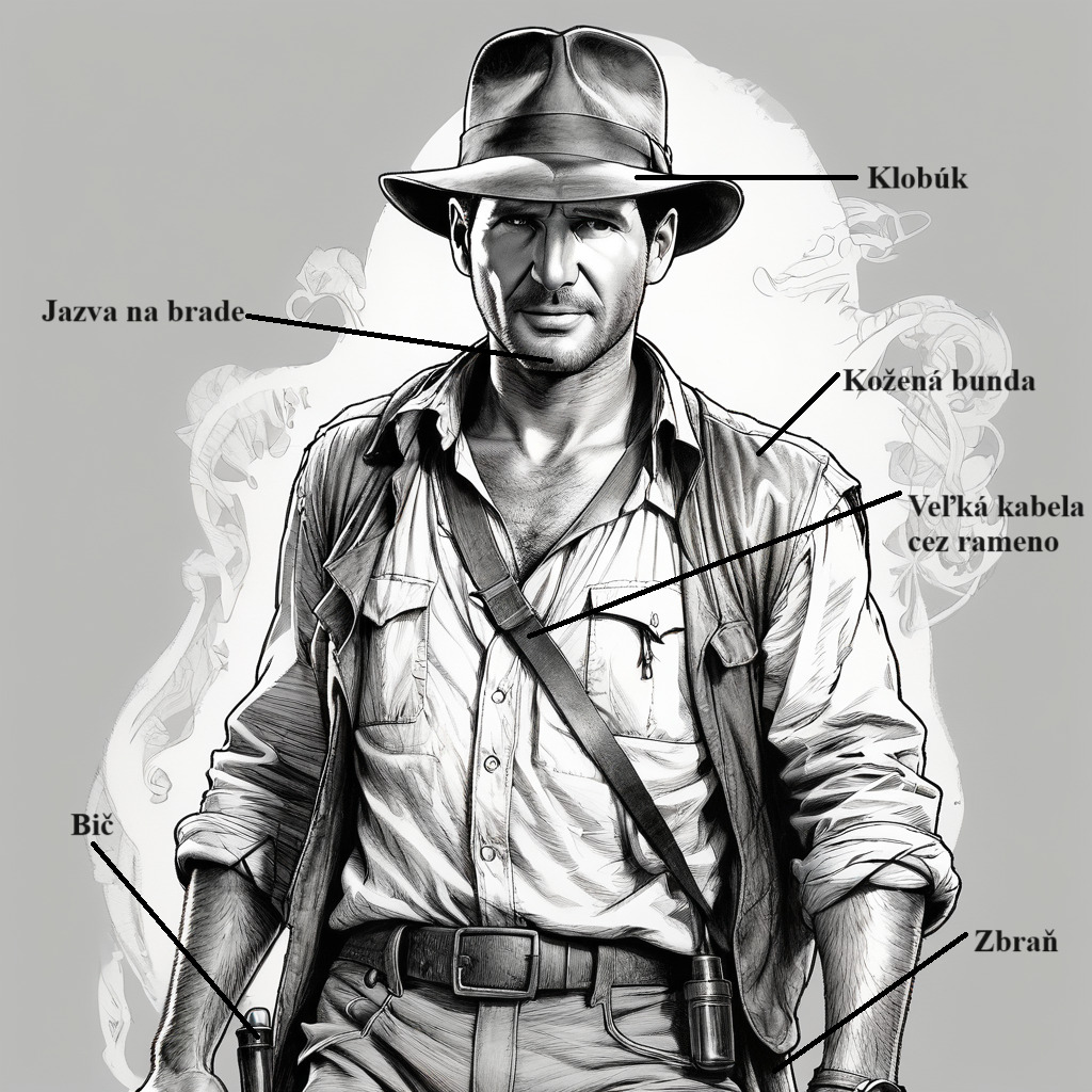 Indiana Jones vo svojom typickom oblečení. Má na sebe koženú bundu, košeľu, klobúk a cez rameno prehodenú kabelu,