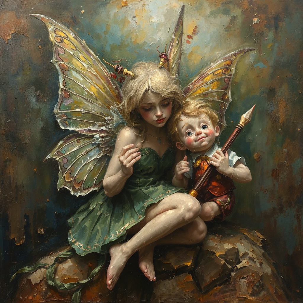 Pinocchio sedí a drží v ruke kopiju. Vedľa neho sedí víla s blond vlasmi a s motýlími krídlami. Oblečené má zelené šaty.