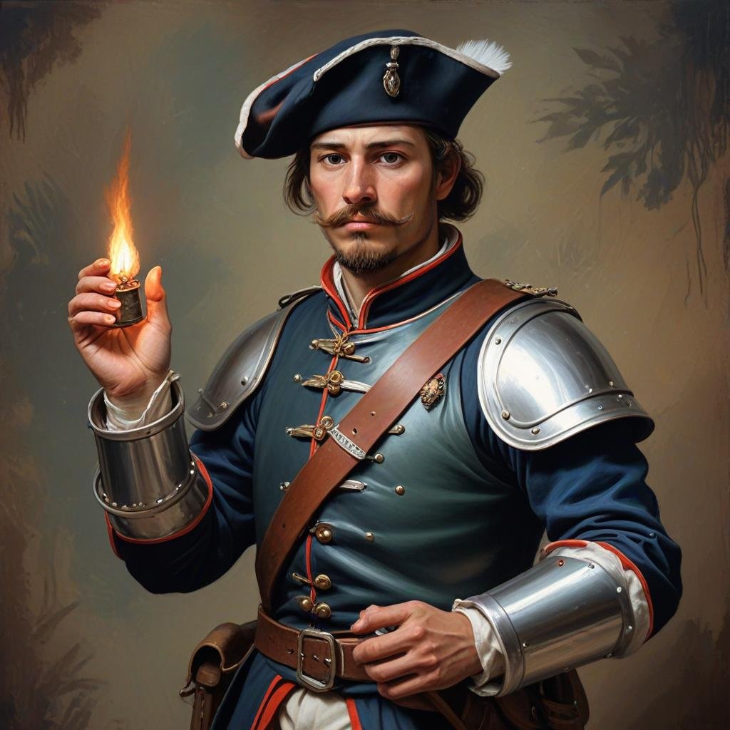 Vojak v modrej uniforme a čiapke drží v ruke zapálené kresadlo