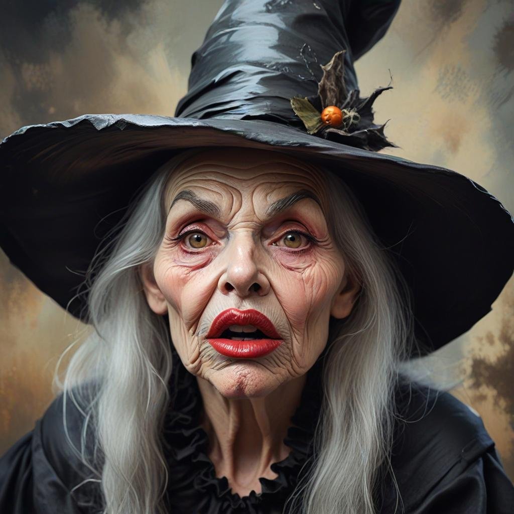 Stará bosorka má na hlave čierny, špicatý klobúk. Má veľké červené pery a biele dlhé vlasy. 