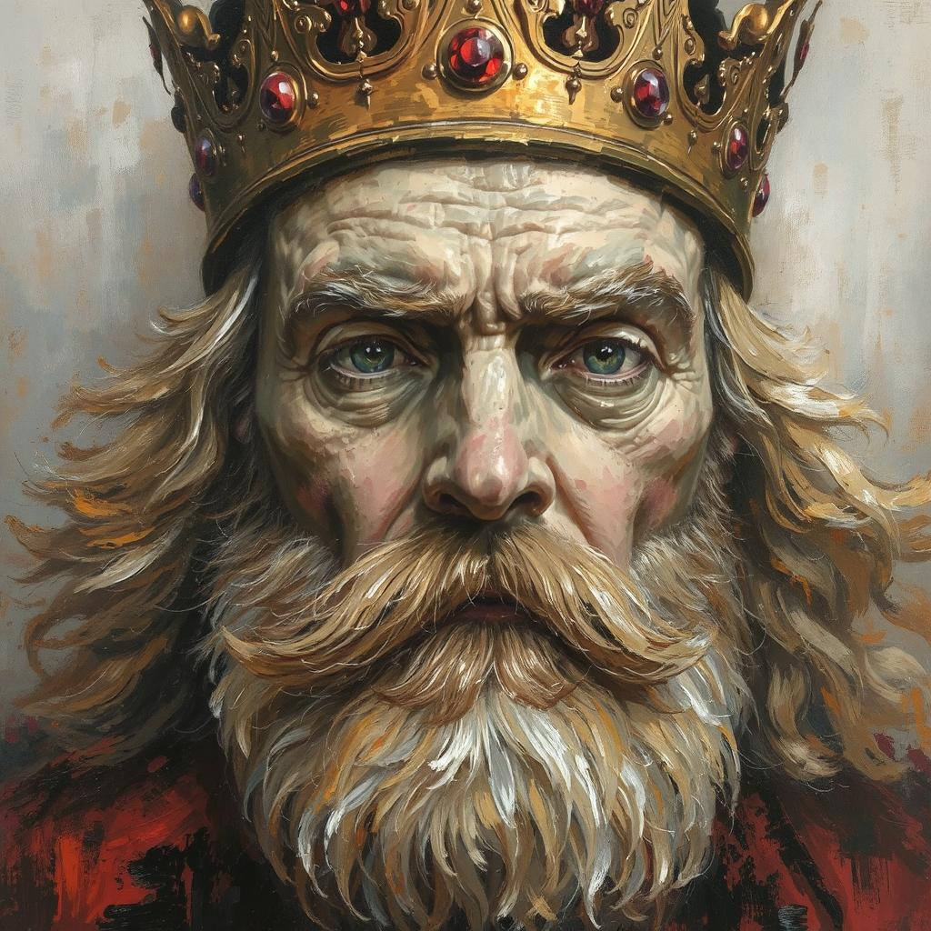 Bradatý kráľ má dlhšie vlasy a na hlave zlatú korunu