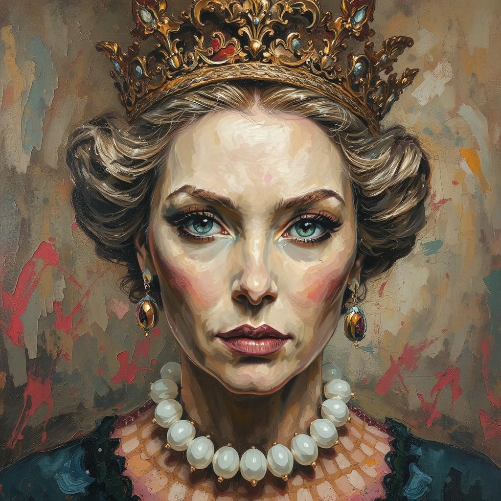 Kráľovná má na krku perový náhrdelník a zlaté náušnice. Na hlave má korunu
