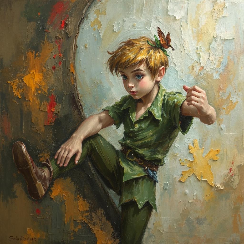 Peter Pan má zelené sako s krátkym rukávom opásaný opaskom a zelené nohavice. Má plavé vlasy, Jednu nohu má zdvihnutú.